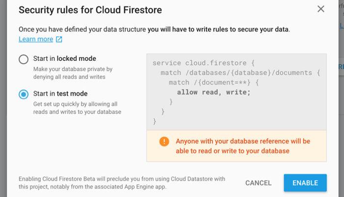 Test mode == Anybody can read/write any documents in the DB